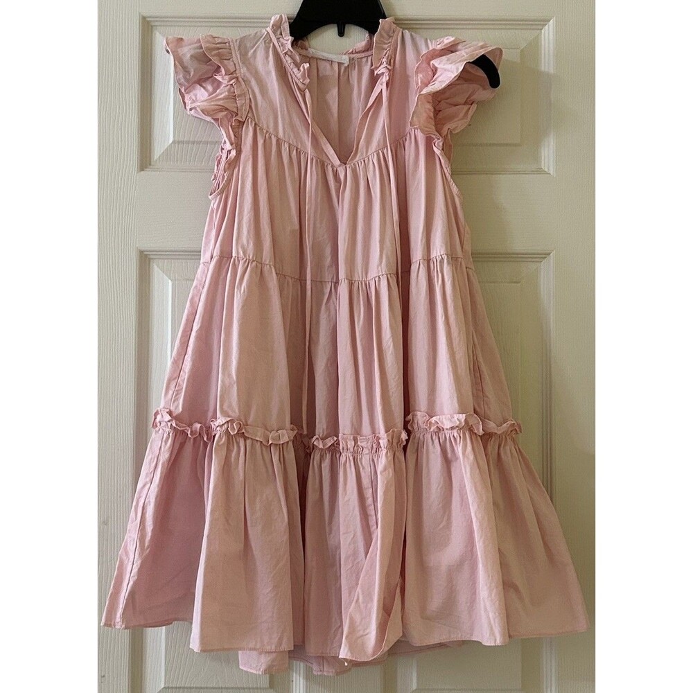 Talulah Dress Womens Small Pink Ruffle Tiered Mini Cotton Babydoll Pockets Sunny
